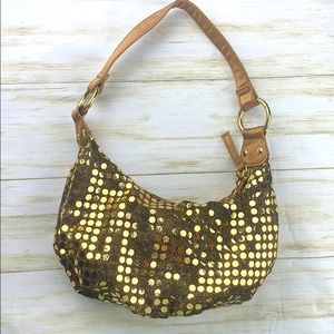 Gold Sequin Shoulder Bag with Brown Satin Lining
